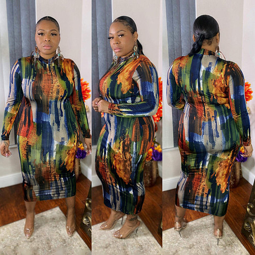 High Waist Print Long Sleeve O Neck Plus Size Dress OSS-21401