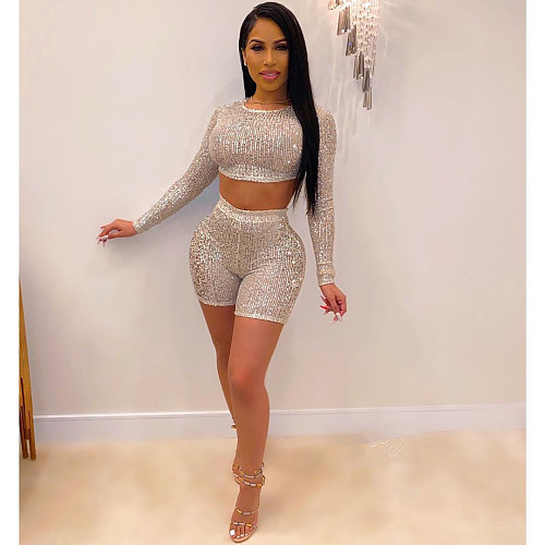 Sequin Long Sleeve Crop Tops Bodycon Shorts Outfit LSL-6313