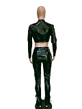 PU Faux Leather Lace Up Crop Top Skinny Pants Set BN-9311