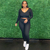 V-neck Knitted Long Sleeve Crop Top Long Pants Set XMY-9345