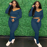 V-neck Knitted Long Sleeve Crop Top Long Pants Set XMY-9345