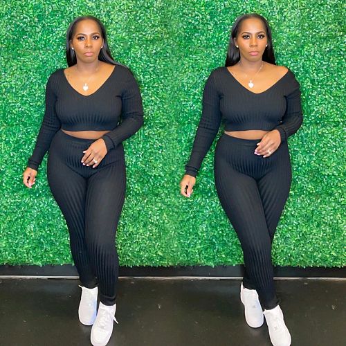 V-neck Knitted Long Sleeve Crop Top Long Pants Set XMY-9345