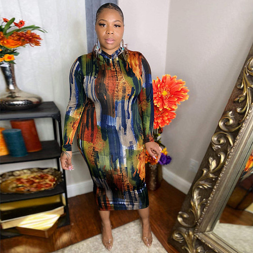 High Waist Print Long Sleeve O Neck Plus Size Dress OSS-21401