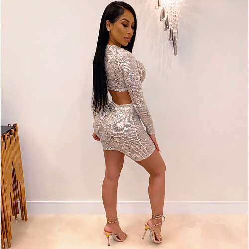 Sequin Long Sleeve Crop Tops Bodycon Shorts Outfit LSL-6313