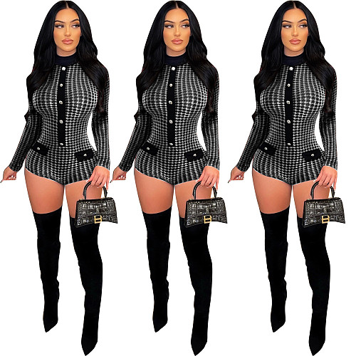 Plaid Print Long Sleeve Bodycon One Piece Romper HMS-5530
