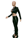 PU Faux Leather Lace Up Crop Top Skinny Pants Set BN-9311