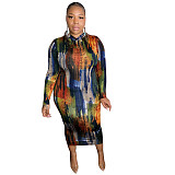 High Waist Print Long Sleeve O Neck Plus Size Dress OSS-21401