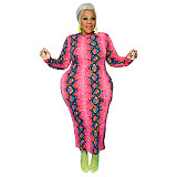 High Waist Print Long Sleeve O Neck Plus Size Dress OSS-21401