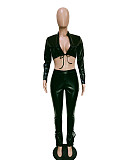PU Faux Leather Lace Up Crop Top Skinny Pants Set BN-9311