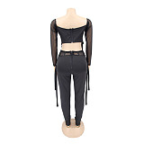Mesh Patchwork Long Sleeve Crop Top Pencil Pants Set HANI-068