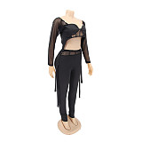 Mesh Patchwork Long Sleeve Crop Top Pencil Pants Set HANI-068