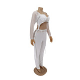 Mesh Patchwork Long Sleeve Crop Top Pencil Pants Set HANI-068