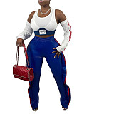 PU Leather Elastic Waist Side Ruffle Patchwork Pants BN-9312