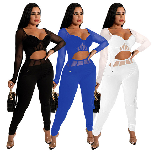 Mesh Patchwork Long Sleeve Crop Top Pencil Pants Set HANI-068