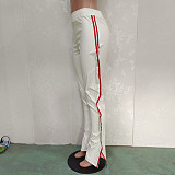 PU Leather Elastic Waist Side Ruffle Patchwork Pants BN-9312