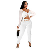 Mesh Patchwork Long Sleeve Crop Top Pencil Pants Set HANI-068