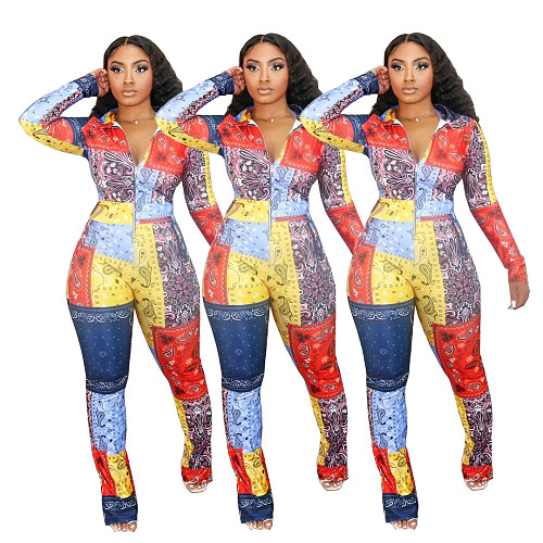 Paisley Printed Casual Long Sleeve Bodycon Jumpsuits SHA-86293