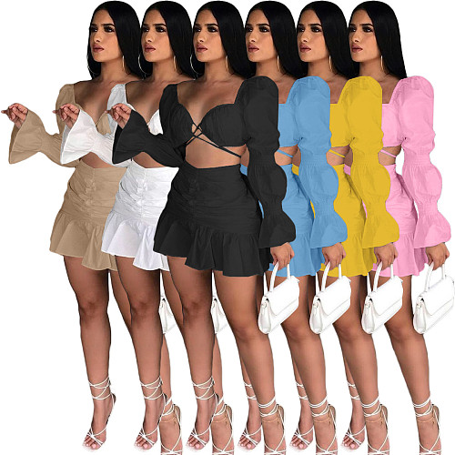 Lace Up Lantern Sleeve Crop Top Pleated Mini Skirts Set AL-267