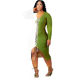 Plus Size Patchwork Cross Bandage Long Sleeve Dress FNN-8635