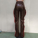PU Leather Elastic Waist Side Ruffle Patchwork Pants BN-9312
