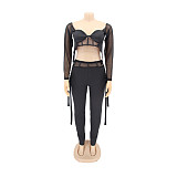 Mesh Patchwork Long Sleeve Crop Top Pencil Pants Set HANI-068