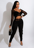 Mesh Patchwork Long Sleeve Crop Top Pencil Pants Set HANI-068