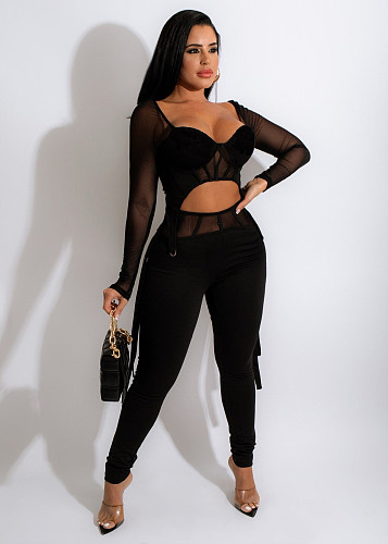 Mesh Patchwork Long Sleeve Crop Top Pencil Pants Set HANI-068
