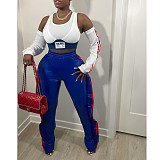 PU Leather Elastic Waist Side Ruffle Patchwork Pants BN-9312