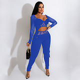 Mesh Patchwork Long Sleeve Crop Top Pencil Pants Set HANI-068