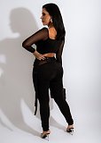 Mesh Patchwork Long Sleeve Crop Top Pencil Pants Set HANI-068