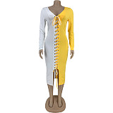 Plus Size Patchwork Cross Bandage Long Sleeve Dress FNN-8635