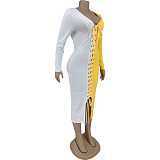 Plus Size Patchwork Cross Bandage Long Sleeve Dress FNN-8635