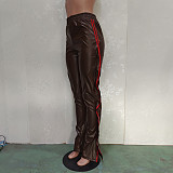 PU Leather Elastic Waist Side Ruffle Patchwork Pants BN-9312
