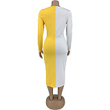 Plus Size Patchwork Cross Bandage Long Sleeve Dress FNN-8635