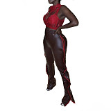 PU Leather Elastic Waist Side Ruffle Patchwork Pants BN-9312