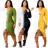 Plus Size Patchwork Cross Bandage Long Sleeve Dress FNN-8635