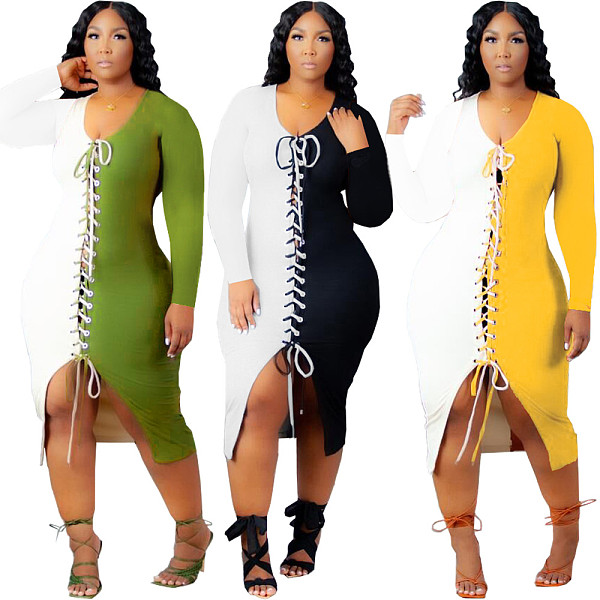 Plus Size Patchwork Cross Bandage Long Sleeve Dress FNN-8635