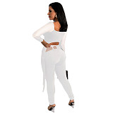 Mesh Patchwork Long Sleeve Crop Top Pencil Pants Set HANI-068