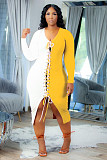 Plus Size Patchwork Cross Bandage Long Sleeve Dress FNN-8635
