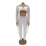 Mesh Patchwork Long Sleeve Crop Top Pencil Pants Set HANI-068