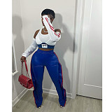 PU Leather Elastic Waist Side Ruffle Patchwork Pants BN-9312