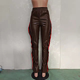 PU Leather Elastic Waist Side Ruffle Patchwork Pants BN-9312