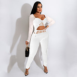 Mesh Patchwork Long Sleeve Crop Top Pencil Pants Set HANI-068