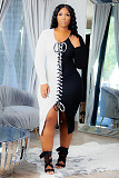 Plus Size Patchwork Cross Bandage Long Sleeve Dress FNN-8635