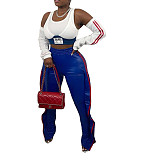 PU Leather Elastic Waist Side Ruffle Patchwork Pants BN-9312