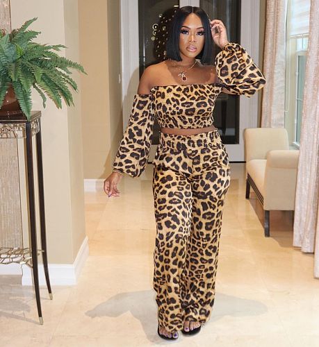 Leopard Print Off Shoulder Crop Top Wide Leg Pants Set BGN-108