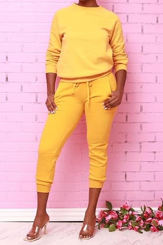 Solid O Neck Pullover T Shirt Lace Up Sweatpants Set SFY-171