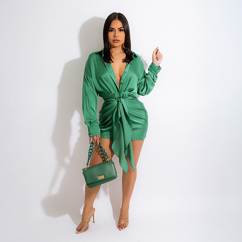 Long Sleeve Turn Down Collar Lace Up Ruched Dress WSM-5295