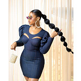 Lantern Sleeve Cut Out Strethcy Bodycon Denim Dresses BN-9299