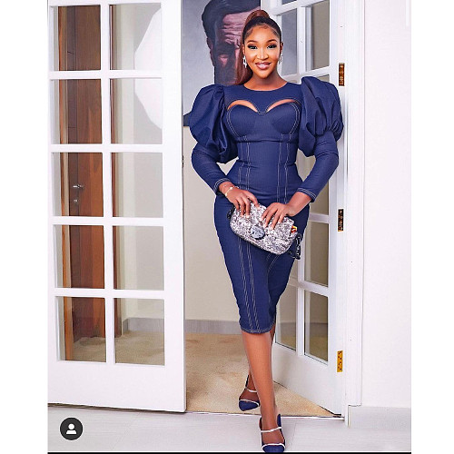 Lantern Sleeve Cut Out Strethcy Bodycon Denim Dresses BN-9299